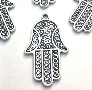 4 Larger Hamsa Hand Charms Palm Protection Antique Silver Pewter Pendant 34x21mm