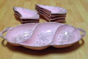 California Pottery Scallop Shape Serving Dish with plates Set Pink/Gold vintage - Picture 1 of 10