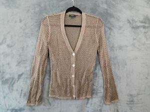 Theory Sweater Womens Medium Brown Cardigan Button Up Crochet Open Knit Coastal - Picture 1 of 11