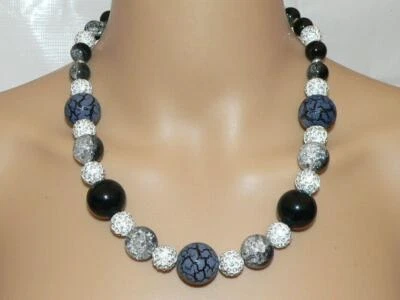 Kette Halskette Perlen 20 Ø Krakelee opak crash Strass glitzer schwarz 379r - Bild 1 von 4