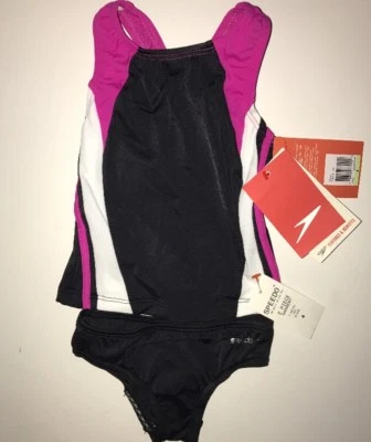 SPEEDO Girls' 2-pc.Colorblock Tankini Swimsuit Set BLACK/WHITE/PINK Size 4 NWT - Image 1 of 4