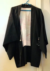 Giacca Kimono Vintage Nera Montsuki Haori con Cravatte Modello Fiore Seta - Foto 1 di 2