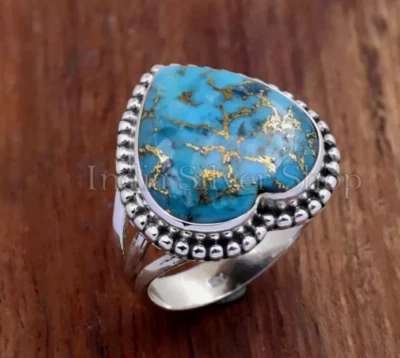 Anillo de Cóctel Azul Cobre Turquesa Plata Forma de Oído Multi Banda Dividida Foto 1 de 4