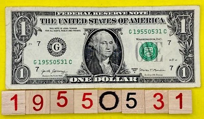 1955 May 31 Birthday Note G 19550531 C 1s Fancy Serial Number One Dollar Bill FW - Image 1 of 4
