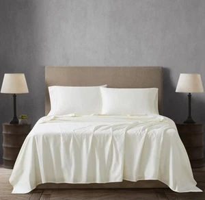 Luxury Cotton 400 Thread Count Cotton Sateen 3-Piece Sheet Set, Twin, Ivory - Picture 1 of 9