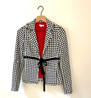 Chaqueta Blazer Shoshanna Seda Para Mujer’s 2 Negro Blanco Cuadros Flecos Terciopelo Pajarita Foto 1 de 4