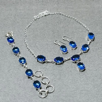Faceted Tanzanite Quartz Oval Shape Gemstone Gift Solitaire Necklace Jewelry Set - Image 1 of 4