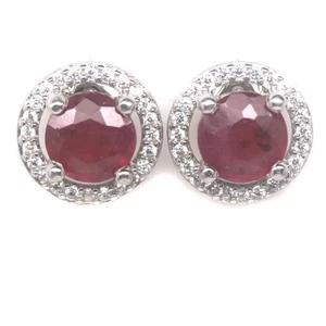 925 Sterling Silver 6 mm. Red Ruby & White Cubic Zirconia Earrings - Picture 1 of 4