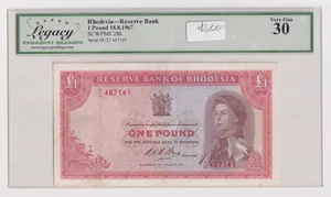 Rhodesia One Pound 1967 P-28b QEII & Victoria Falls - Legacy Graded Very Fine 30 - Picture 1 of 2