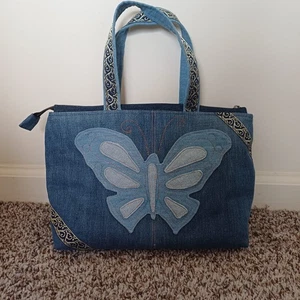 Blue Jean Denim Purse Upcycled Handmade Butterfly Bag - Picture 1 of 8