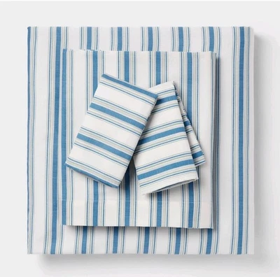 Queen Cotton Blend Sateen Sheet Set Blue/Green Textured Stripe - Room Essentials - Image 1 of 4