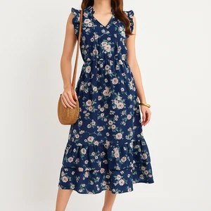 Vestido Midi Ofelia Roe Azul Marino Floral Volantes Cottagecore Dobladillo en Niveles S Hada Nuevo con Etiquetas - Imagen 1 de 12