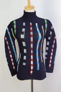 Top manga larga ISSEY MIYAKE me azul marino/multicolor plisados cuello alto 080 9534 - Imagen 1 de 5