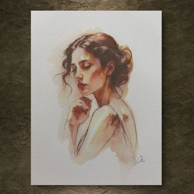 Esboço de pintura aquarela retrato feminino feminino original 8x10 - Imagem 1 de 3