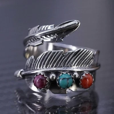 Native American Joe Delgarito sterling silver 925 feather ring turquoise coral - Image 1 of 4