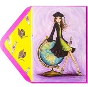 Papyrus Glitter Embellished Bella Pilar Graduation Card - Girl With Globe - Picture 1 of 4