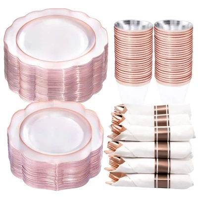Platos de plástico de oro rosa 350 piezas - Juego de vajilla desechable de oro rosa transparente -... Foto 1 de 4