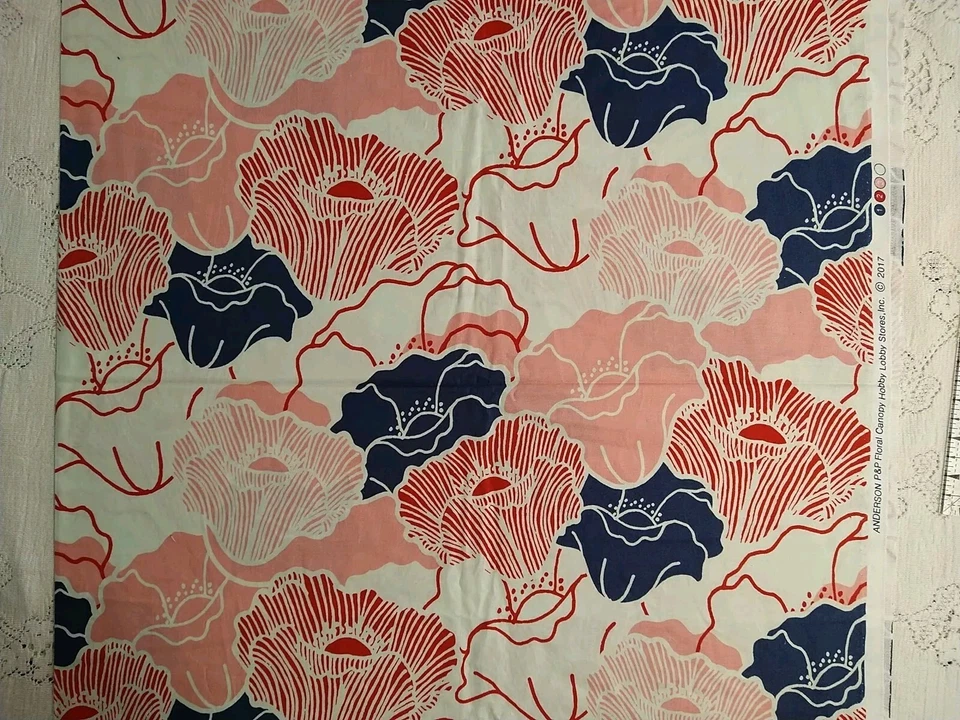 Red Blue Pink Retro Floral Canopy Cotton Quilt Fabric 23"x43" Hobby Lobby - Image 1 of 3