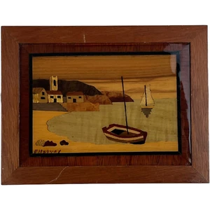 Quadro Targa Arte Legno Fatto a Mano Scena Porto Intarsiato Navi 8-1/4" x 6-1/4" - Foto 1 di 7