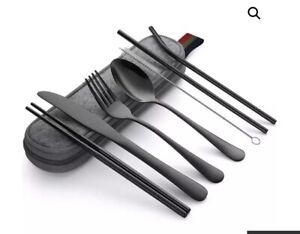 Portable Utensils Travel Camping Cutlery Set 8 PC Knife Fork Spoon BLACK -USA