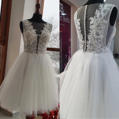 Short Wedding Dresses Glitter Lace Appliques Scoop Neck Knee Length White Ivory - Image 1 of 4