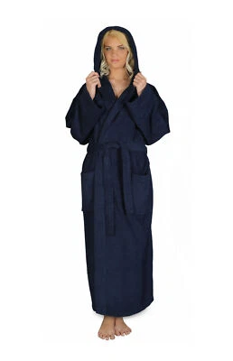 Womens Hooded Full Length Long 100% Turkish Cotton Terry Bathrobe Robe - Image 1 of 4
