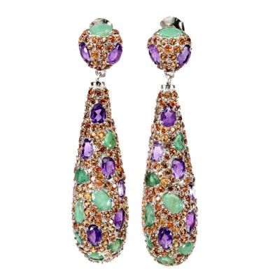 925 Orecchini Argento Sterling Pera Ametista Smeraldo Zaffiro Gemma Gioielli - Immagine 1 di 4