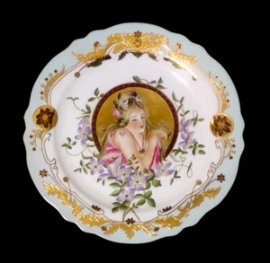 Ca.1900 Limoges Jugendstil Teller, erhaben 24k Gold handbemalt Dame - Bild 1 von 4