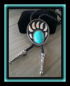 BEAR PAW BOLO TIE, TURQUOISE And Silver Bolo Tie, Native American Bolo Tie - Picture 1 of 4