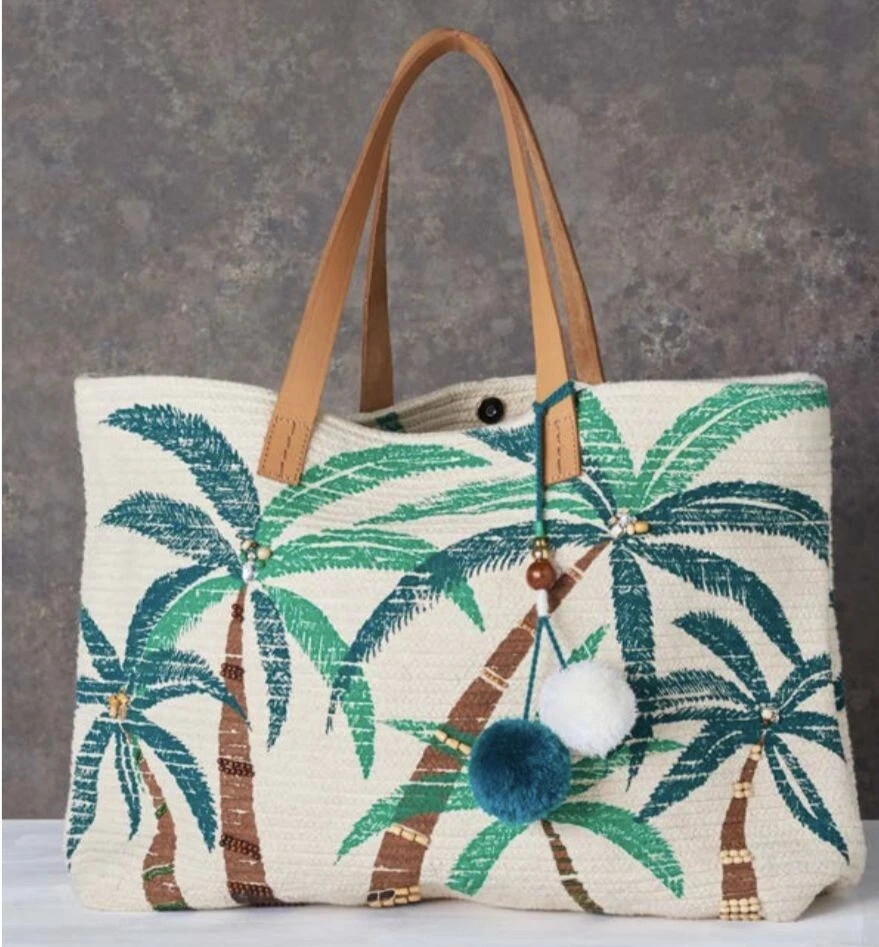Star Mela Zoie Palm Tree Tote Beach Bag Leather Handles Wood Beads NWT $442.50 - Image 1 of 4