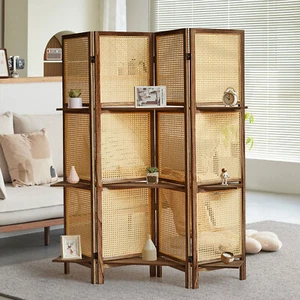 4 Panel Rattan Room Divider with Shelf Room Divider Wall Folding Privacy Screens - Picture 1 of 10