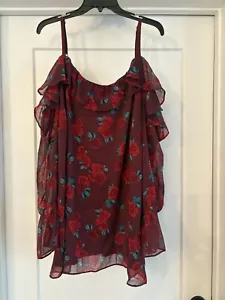 NWT Lane Bryant Burgundy/Red Roses Chiffon Ruffle Cold Shoulder L/S Top Sz 28 - Picture 1 of 5