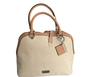 Guess Signature Logo Menville Satchel Crossbody Handbag Tan & White - Picture 1 of 16