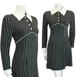 VTG 60S 70S BLACK WHITE MOD GOTHIC GEOMETRIC EMPIRE LINE STRIPED SHIRT DRESS 10 - Picture 1 of 9