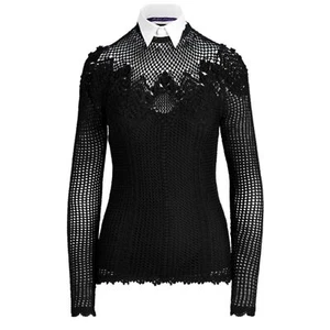 Ralph Lauren Collection Silk Crochet Open Knit Crewneck Sweater Black Large NWT - Picture 1 of 16