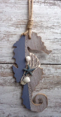 Seepferdchen Figur Anhänger Hänger Shabby Blau Weiß MDF Holz Maritime Deko 30cm - Bild 1 von 4