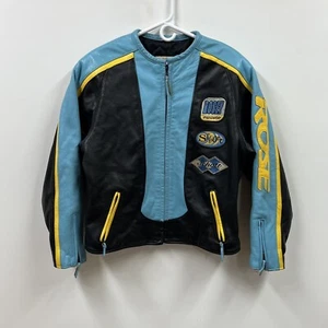Vintage Rose Schott Leather Jacket Womens Large Black Blue Yellow Rider Biker - Picture 1 of 12
