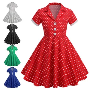 Kids Girls Gown Polka Dots Dress Dance Skirt Festival Short Sleeve A-line 50s - Picture 1 of 36