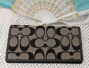 Coach Checkbook Cover Black-Gray Signature Jacquard White Stitches Trim Wallet B - Picture 1 of 9