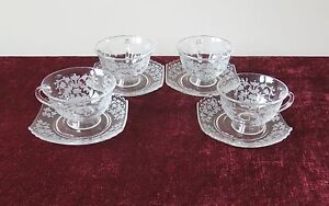 4 CUPS AND 4 SAUCERS SET QUEEN ANNE # 4020 FOSTORIA ETCH 306 VTG & ETCHED GLASS 