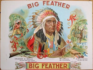 1900 'BIG FEATHER' Indian Chief Sample Cigar Box Label- Native American, Western - Picture 1 of 1