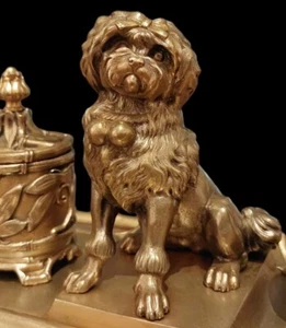 ANTIQUE RARE BRONZE FRENCH FOO DOG LOWCHEN MOCKERY INKSTAND INKWELL CHINOISERIE - Picture 1 of 24