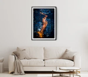 Building Print, Traffic Track Wall Art, Nighttime Framed Aerial Wall Art, City - Foto 1 di 5