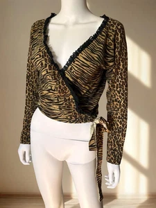 Suéter Cárdigan Blumarine Vintage Y2K Años 2000 Estampado Animal Lana Envolvente Borde Encaje 46 - Imagen 1 de 6