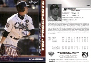 Adam Lind 2008 Choice International League Top Prospects #19 RC FREE SHIP - Picture 1 of 1
