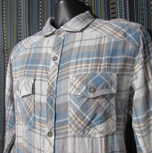 BKE Shirt Men M Western Blue Plaid Flannel Athletic Fit Stitching Metal Buttons - Picture 1 of 14