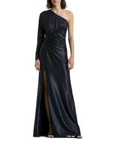 Lauren Ralph Lauren Womens Navy Metallic Knit One Shoulder Gown - Picture 1 of 6