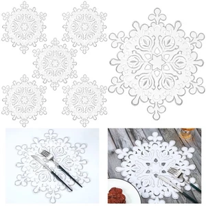 Christmas Snowflake Placemats Set of 6 White Winter Embroidered Table Placema... - Picture 1 of 7