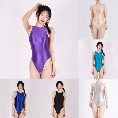 Seidig transparente Bademode glänzend Damen Badeanzug Nylon Stoff ärmelloses D - Bild 1 von 4