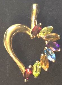 14k Yellow Gold Open Heart Pendant with Garnet Citrine Amethyst and Peridot - Picture 1 of 7